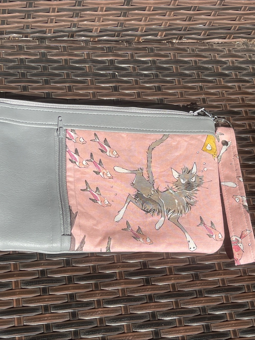 Whimsical swimming cat with fish Wristlet - new